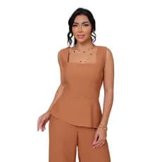 Conjunto Pantalona Feminino, Blusa Peplum, Lastex Costas, Tecido Magante Sensorial, Tamanhos: G, GG