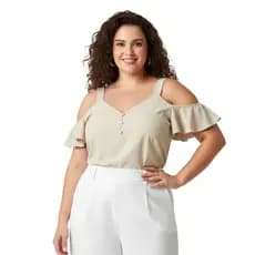 Blusa Feminina Plus Size Crepinho Ombro Vazado com Babados