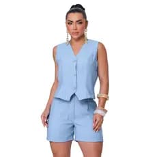 Conjunto Colete Short Feminino, Decote V, Botões, Cós Alto, Tecido Marrant Sensorial