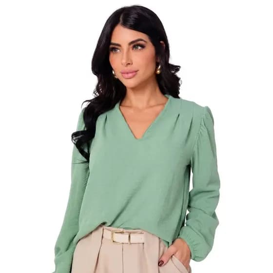 Blusa Soltinha Feminina Tecido Duna, Decote V, Manga Longa, Pregas, Tamanhos: M G GG