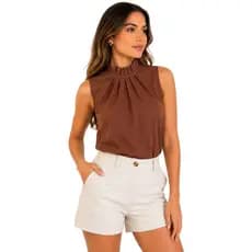 Blusa Feminina Crepinho Gola Alta Sem Manga