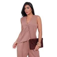 Conjunto Feminino Elegante – Blusa Sem Manga com Botões e Calça Social