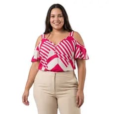 Blusa Plus Size Estampada Feminina Ombro Vazado, Elegante Chic Confortavel