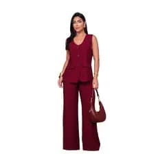 Conjunto Colete Com Calça Pantalona Feminino, Decote V, Botões Frontais, Bolsos Decorativos