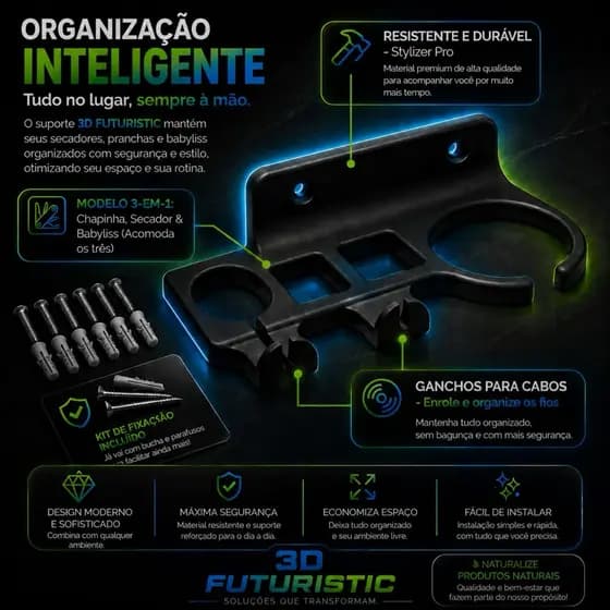 Suporte Para Secador Chapinha e Babyliss De Parede Resistente Com Ganchos Organizador 3 Em 1 Resistente Com Parafusos