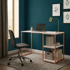 Mesa Escrivaninha Industrial Berlim com Prateleiras Tampo Madeira 110x46cm Base de Ferro Home Office