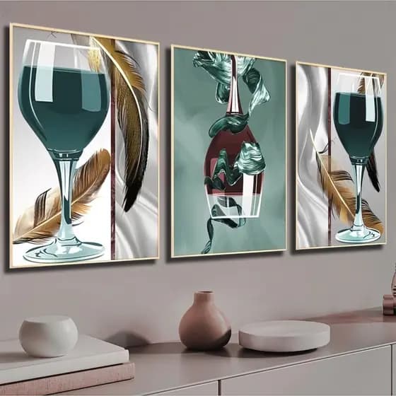 Quadro Decorativo 3 Peças Mdf Taça Abstrato Colorido Para Copa Cozinha Luxo