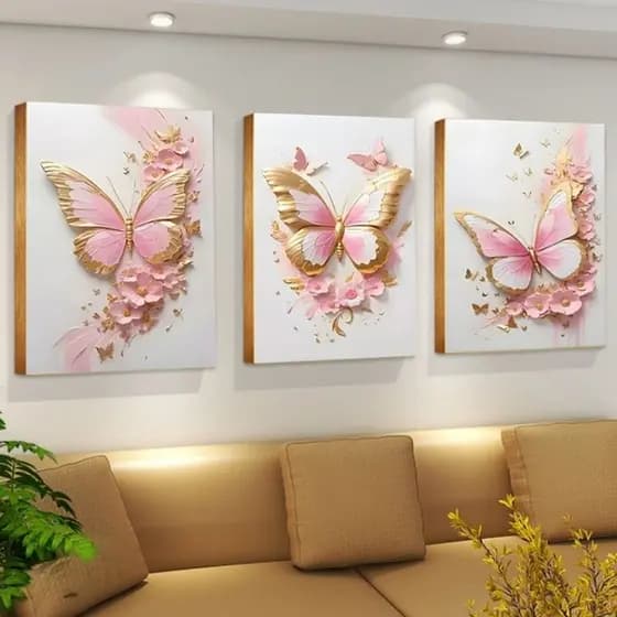 quadro decorativo personalizados borboleta rosa e dourado kit com 3 peças quadro alta resolução ambiente moderno
