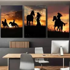 Quadro Decorativo Silhueta Mulheres e Cavalos ao Pôr do Sol