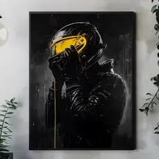 Quadro Decorativo Piloto de Moto Cyberpunk Black & Gold