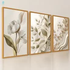 Quadros Decorativos Trio Floral Botânico Flores Bege Moderna Luxo Sala Quarto