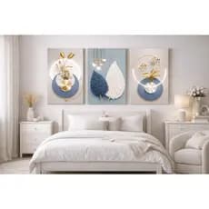 Quadro Decorativo Abstrato Tríptico Floral Minimalista Azul e Metálico Luxo