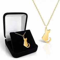 Colar Feminino Dourado com Pingente de Gatinho com Caixa Preta de Veludo