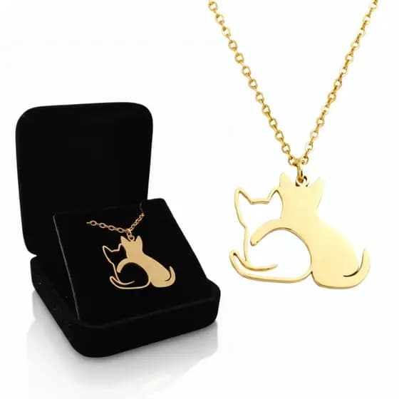Colar Feminino Gatinhos Abraço Dourado com Caixa de Presente + Garantia Colar de Gato