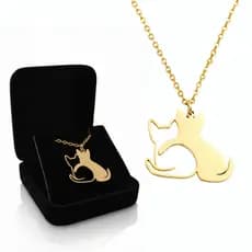 Colar Feminino Gatinhos Abraço Dourado com Caixa de Presente + Garantia Colar de Gato