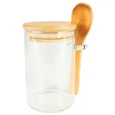 Pote Saleiro Açucareiro de Vidro Com Colher e Tampa Bambu