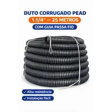 Duto Corrugado PEAD 1.1/4 25m com Guia Passa Fio | Eletroduto Flexível Preto para Cabos Elétricos