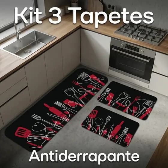 Kit de 3 Tapetes para Cozinha Talheres Vermelhos Antiderrapante DcoreAqui