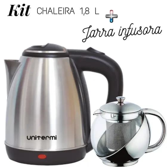 Kit Chaleira Elétrica Inox Cromada 1,8 L 110V com Jarra Infusora Inox ou Preta 750 ML