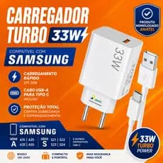 Carregador Turbo 33W Tipo C Compatível Samsung Galaxy A15 A25 A35 A55 S23 S24
