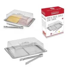 Porta Frios Organizador Duplo De Inox Com Tampa Queijo Presunto