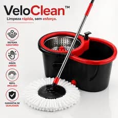 Mop Giratório 360° VeloClean™ com Balde Centrífuga, Rodas, Refil Microfibra e Cabo Extensível para Limpeza Prática