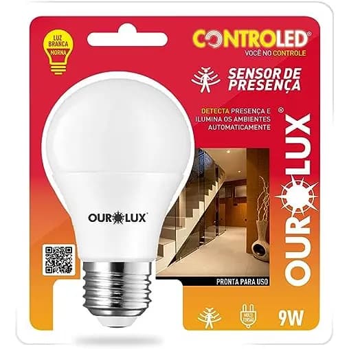 Lâmpada com sensor de presença 9w, 2700k - Ourolux
