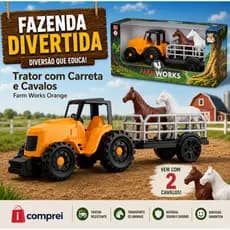 Brinquedo Trator Farm Works Com Carretinha E 2 Cavalos Cavalinho Infantil Menino Fazenda Fazendinha