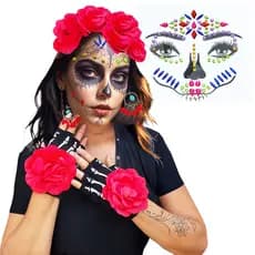 Fantasia Halloween Caveira Mexicana Acessórios: Tiara Cabelo + Brincos + Luvas + Maquiagem Adesiva Face Jewels