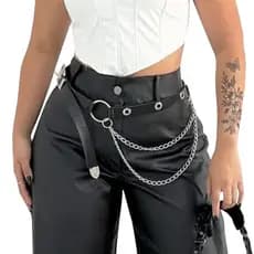 Cinto Feminino Punk Rock com Ilhós e Corrente Dupla - 126 cm