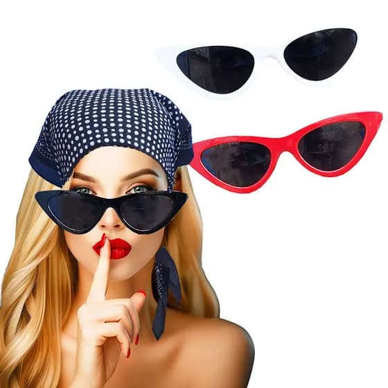 Kit Óculos Gatinho Anos 60 Vintage Retrô Pin Up + Lenço Bandana Bolinhas - Carnaval Festa Fantasia