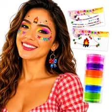 Kit Festa Junina Maquiagem: 2 Cartelas Face Jewels Temático + Torre Neon 6 Cores Sortidas Rosto Corpo