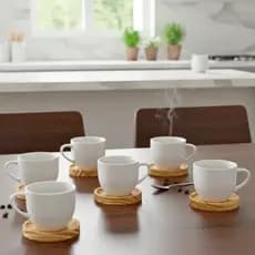 Kit 6 Xícaras em Porcelana para Café com 6 Pires Redondo em Madeira Pinus Mesa Posta