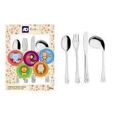 Jogo de Talheres para Crianças 4 peças -  Infantil Baby Friends Aço Inox - Colher Garfo Faca