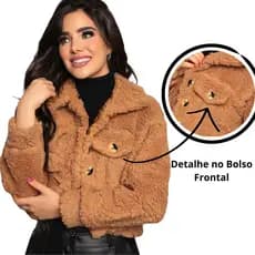 Casaco Feminino Teddy Curto Com Botões Felpudo Pelinho Pelúcia