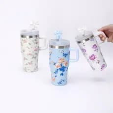 Copo Térmico Infantil 500ml Com Canudo E Estampa De Flores