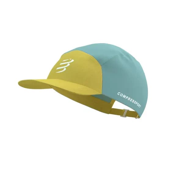 Boné 5 Panel Limão/Azul Claro - triatlo tri trail montanha maratona 42km meiamaratona 21km suor sol proteção uv