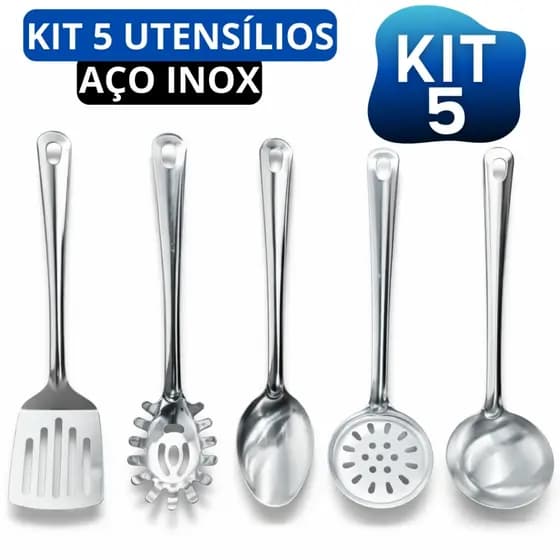 Kit 5 Utensílios de Cozinha Aço Inox Concha de Feijão Colher de Arroz Escumadeira Pegador de Massas