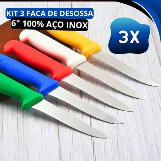 Kit 3 Faca de Desossa 6" Profissional  Açougueiro Carne Corte Fino Talho Cabo Anti-Escorrega