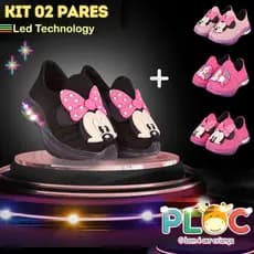 KIT 2 PARES DE TÊNIS LED INFANTIL MENINA (LED03 PRETO MINNIE + PAR ADICIONAL A SUA ESCOLHA)