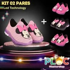 KIT 2 PARES DE TÊNIS LED INFANTIL MENINA (L16 ROSA MINNIE + PAR ADICIONAL A SUA ESCOLHA)