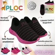 Tênis Ploc Colors Infantil Menina Calce Fácil Jogging Anatômico Preto