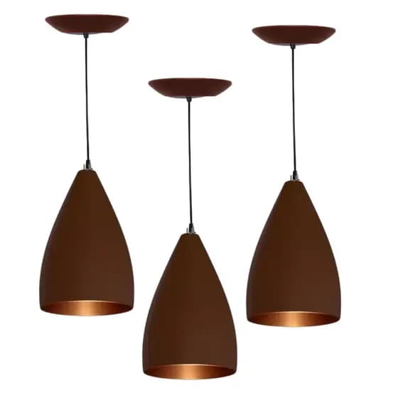 Kit com 3 Luminárias Pendentes Vegas Marrom COM Cobre Para Sua Varanda/Balcão/Sala De Estar/Cozinha
