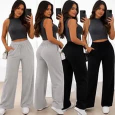 Calça PantalonaTecido Lanzinha Premium, Cintura Alta, Com Elástico e Bolsos Para o Inverno