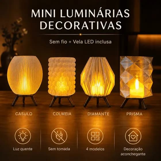 Mini Luminária de Mesa LED Sem Fio Decorativa + Vela LED Inclusa Quarto Sala Escritório