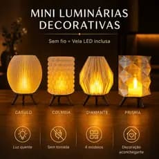 Mini Luminária de Mesa LED Sem Fio Decorativa + Vela LED Inclusa Quarto Sala Escritório