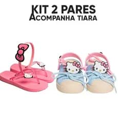 Kit 2 Pares Infantil Hello Kitty Chinelo + Babuchê Acompanha Tiara Presente Menina