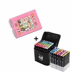 Kit 48 Canetas Duas Pontas Chanfradas + Caderno de Colorir 50 Paginas de Criatividade e Diversão