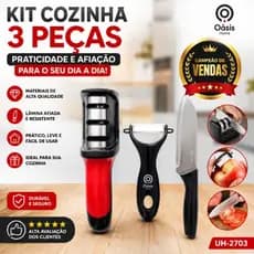 Kit Cozinha 3 Peças Oásis - Amolador De Facas, Descascador e Faca De Inox Profissional