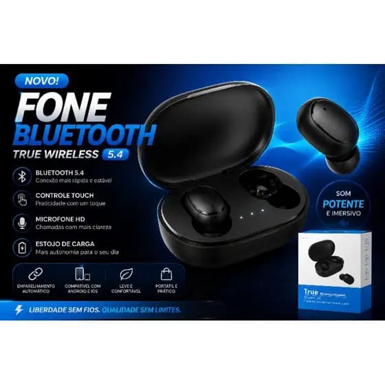 Fone de Ouvido Bluetooth 5.4 Sem Fio TWS True Wireless com Estojo de Recarga Android e iPhone
